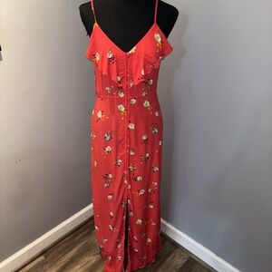 Express Women's Sz S Red‎ Flora Maxi Sundress Ruffle Bodice Button Down Tropical